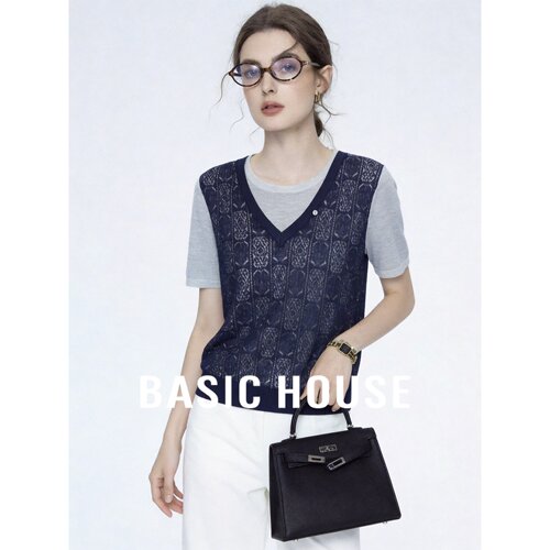 Basic House/百家好设计感V领假两件针织短袖女夏灰蓝色显瘦上衣
