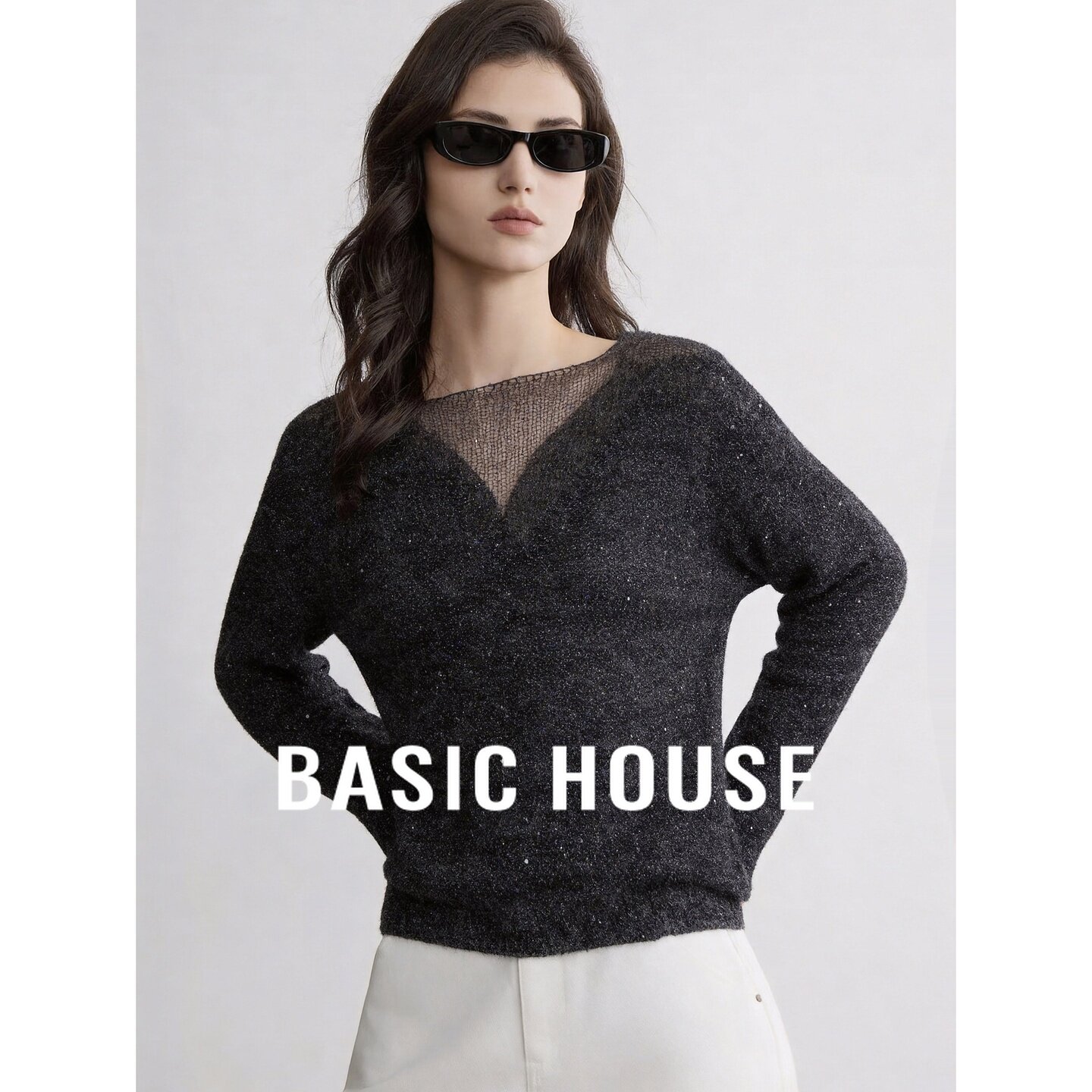 Basic House/百家好V领假两件亮片毛衣女秋季灰色宽松针织衫上衣