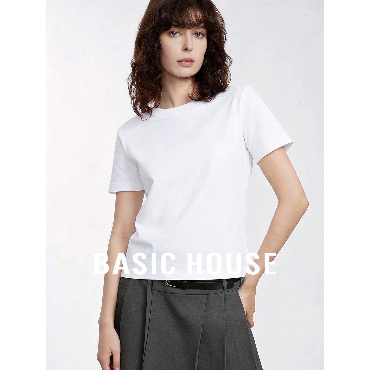Basic House/百家好纯白基础简约百搭T恤女夏新款棉舒适圆领上衣