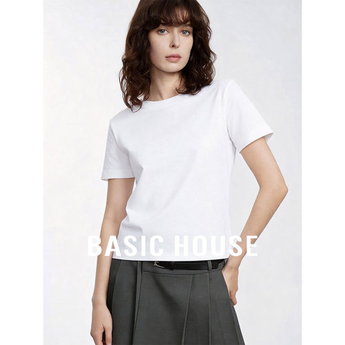Basic House/百家好纯白基础简约百搭T恤女夏新款棉舒适圆领上衣