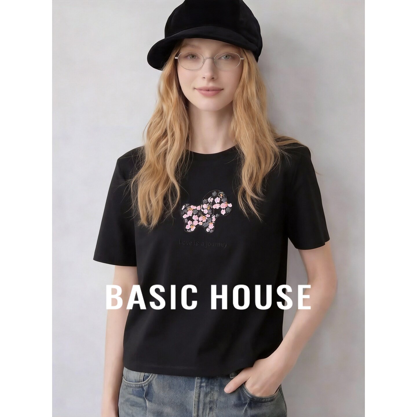 Basic House/百家好黑色圆领花朵印花棉质T恤短袖小众设计感上衣