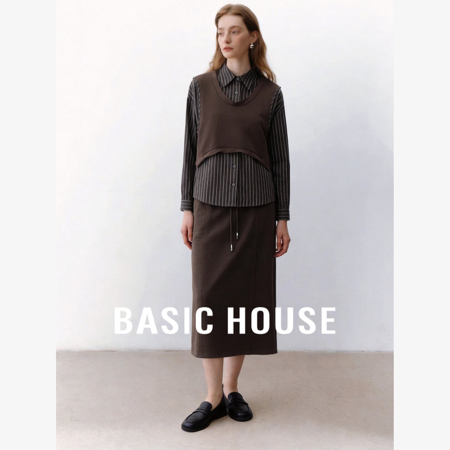 Basic House/百家好复古假两件衬衫休闲直筒半身裙套装女日常穿搭