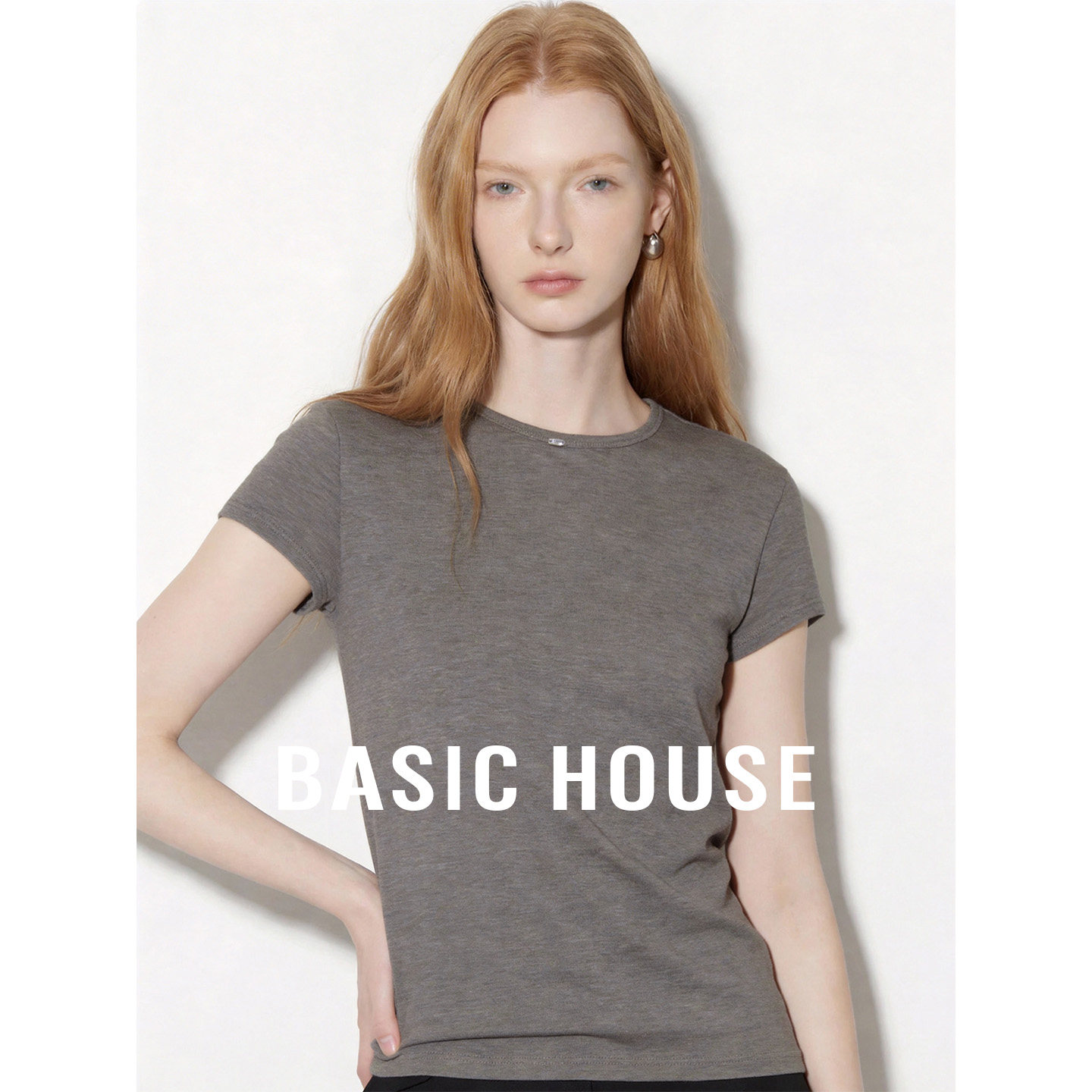 Basic House/百家好圆领正肩短袖T恤女2026夏季新款套头短款上衣