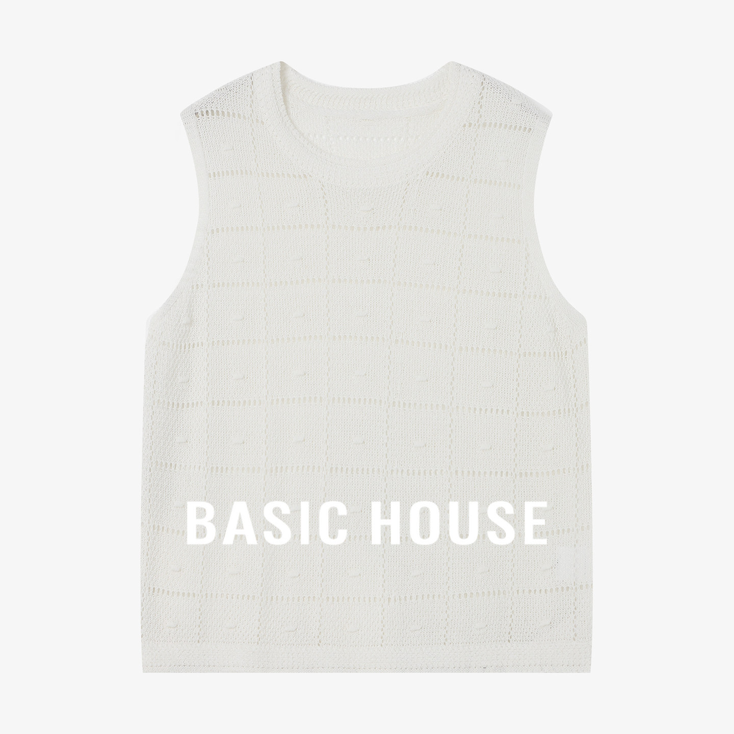 Basic House/百家好白色圆领镂空透气无袖针织衫女夏季清凉上衣