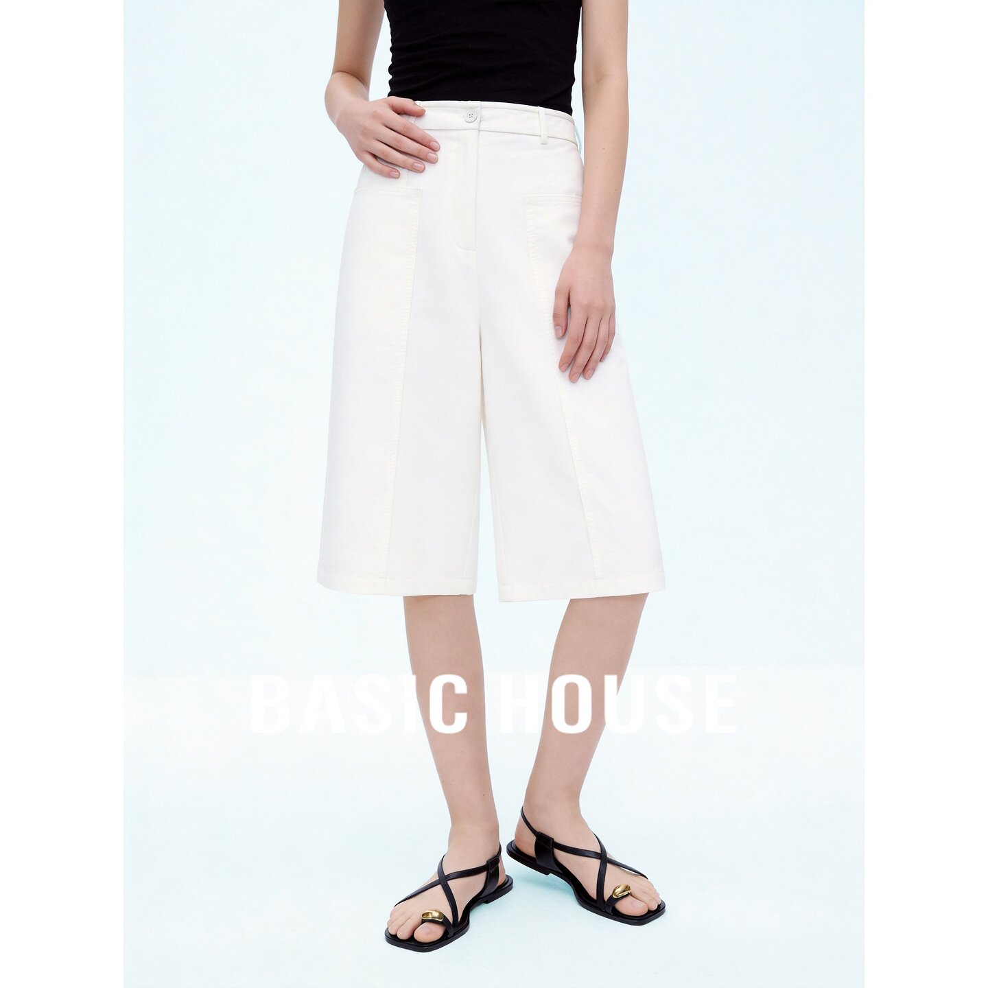 Basic House/百家好简约米白色阔腿裤女夏季宽松七分裤休闲百搭