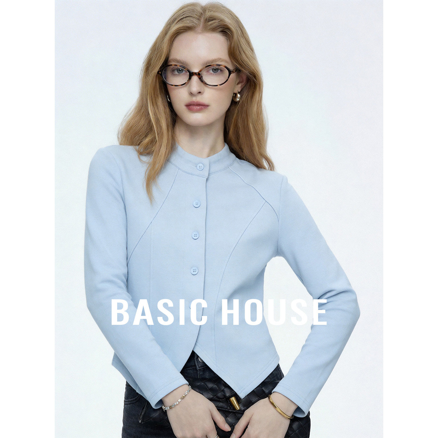 Basic House/百家好纯色立领不规则下摆卫衣夏季莱赛尔单排扣上衣