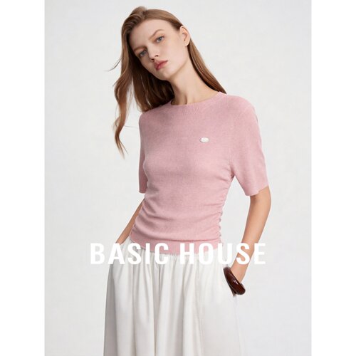 Basic House/百家好羊毛针织短袖上衣圆领修身抽褶设计感极简粉色