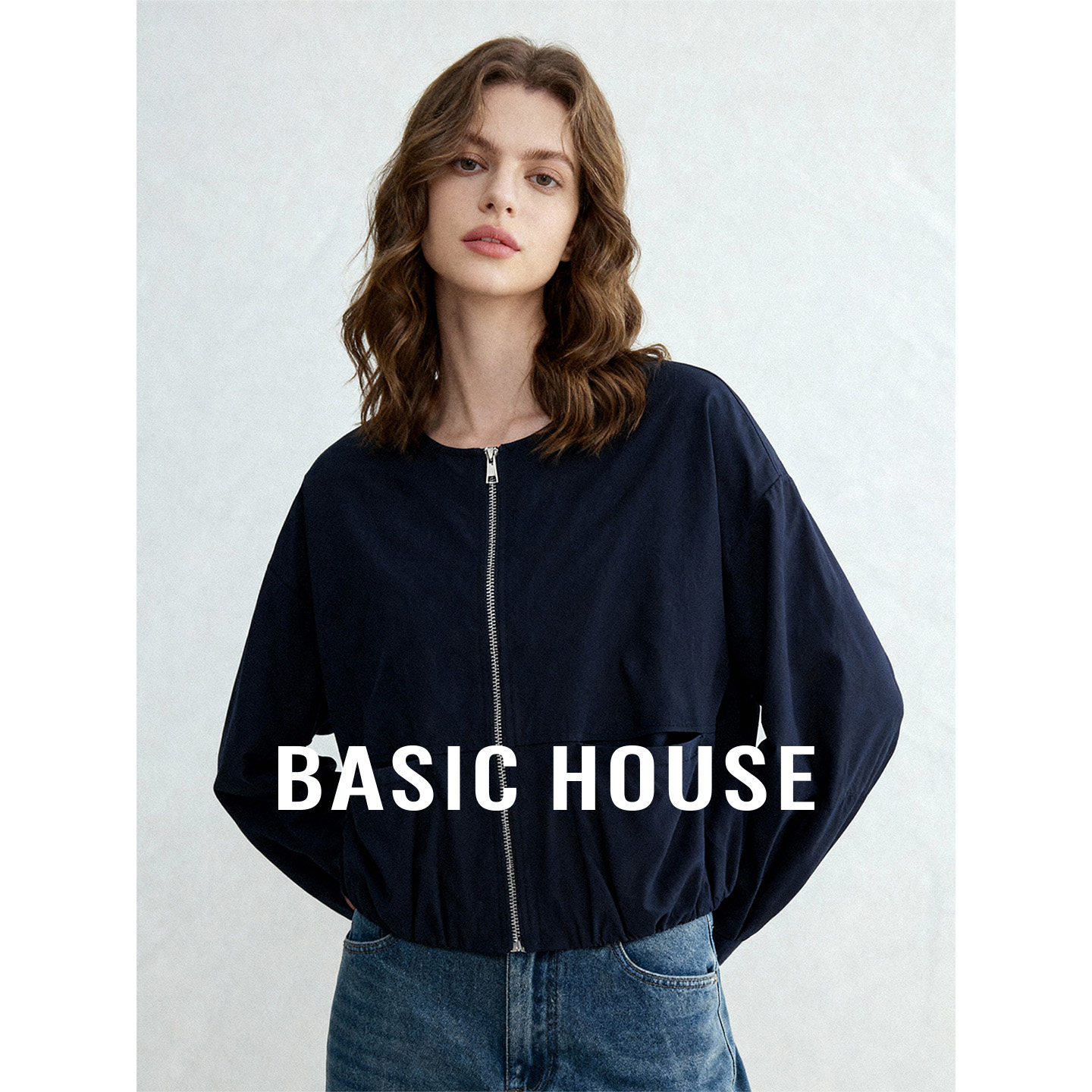 Basic House/百家好藏蓝色圆领短款外套女春季休闲百搭夹克棒球服