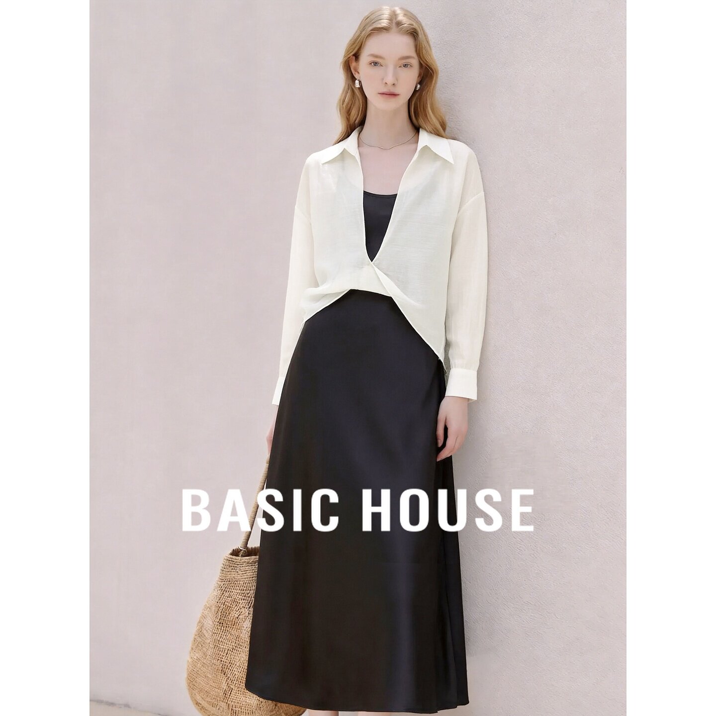 Basic House/百家好法式衬衫吊带裙两件套女26夏季莱赛尔优雅套装