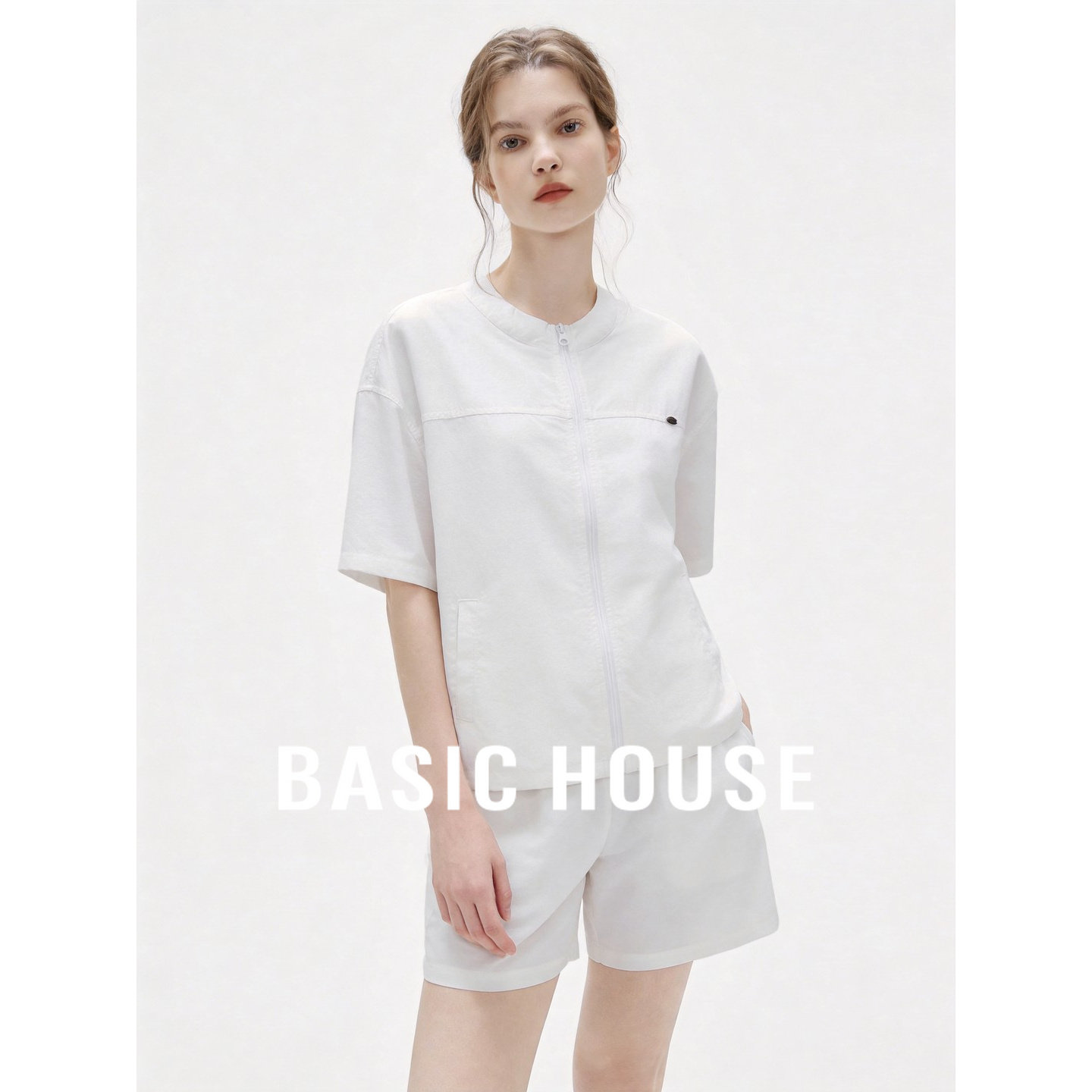 Basic House/百家好凉感透气休闲两件套女拉链短袖短裤亚麻套装夏