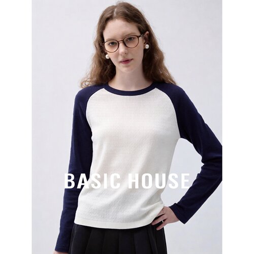 Basic House/百家好拼色桑蚕丝针织衫圆领坑条肌理插肩袖上衣女秋