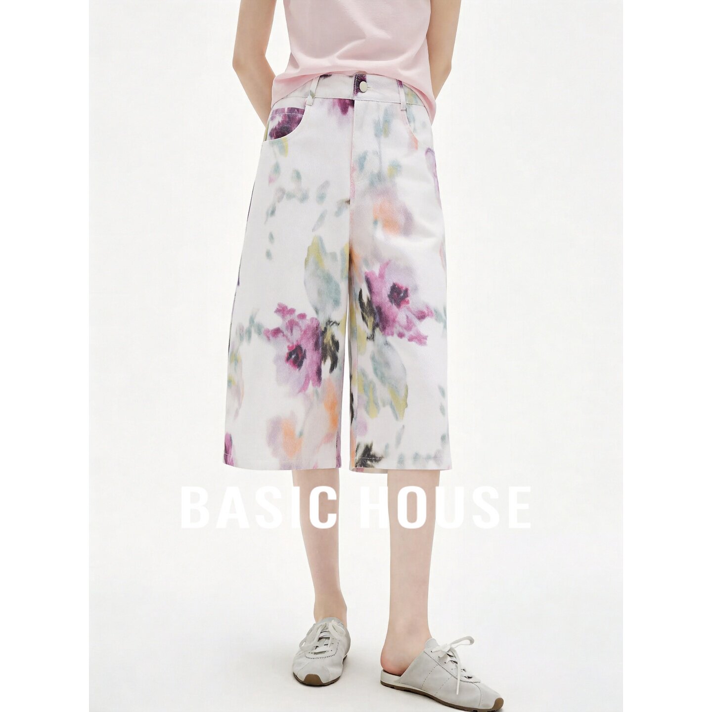 Basic House/百家好印花阔腿七分裤女夏时尚气质修身宽松牛仔裤