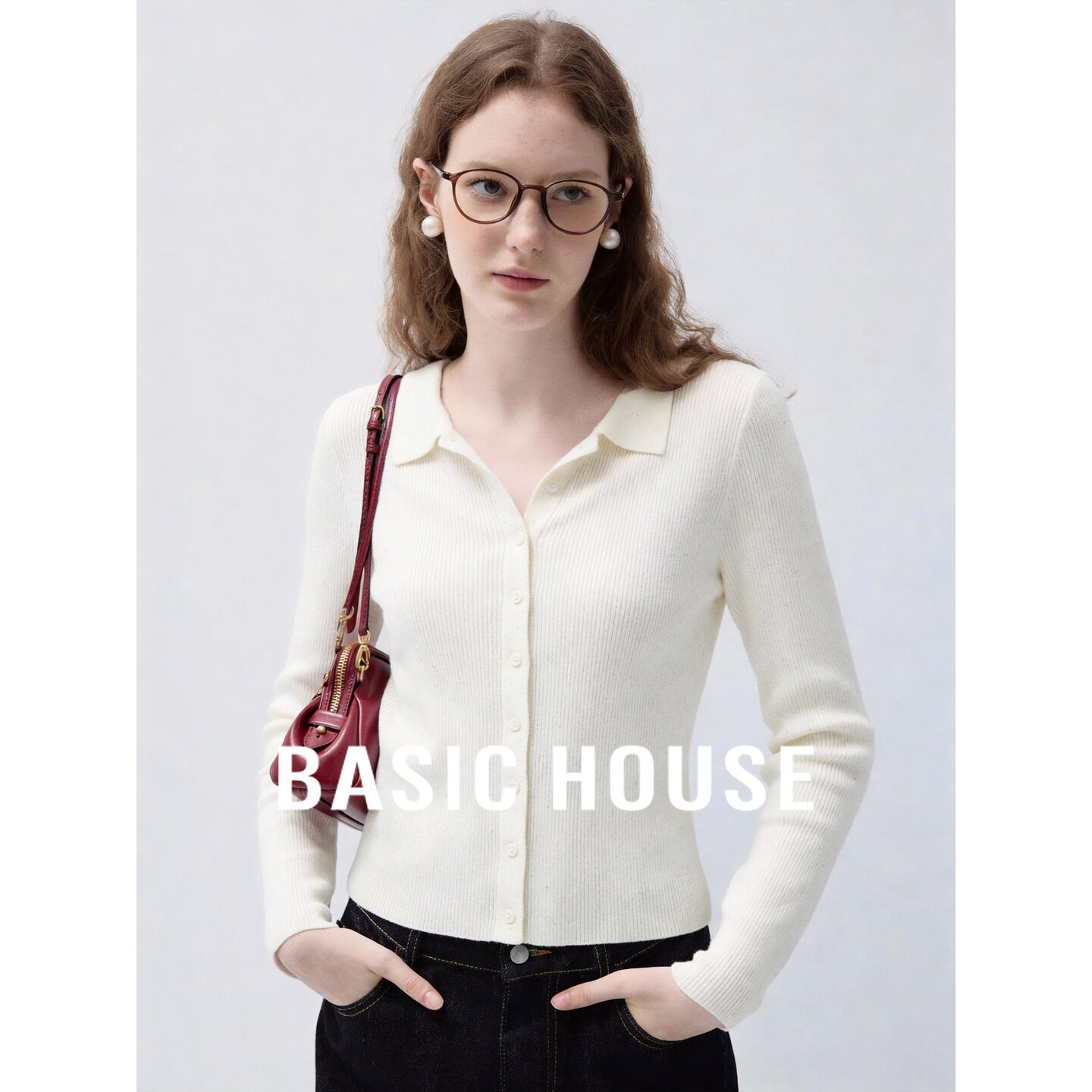 Basic House/百家好简约翻领针织衫女白色长袖修身显瘦百搭上衣