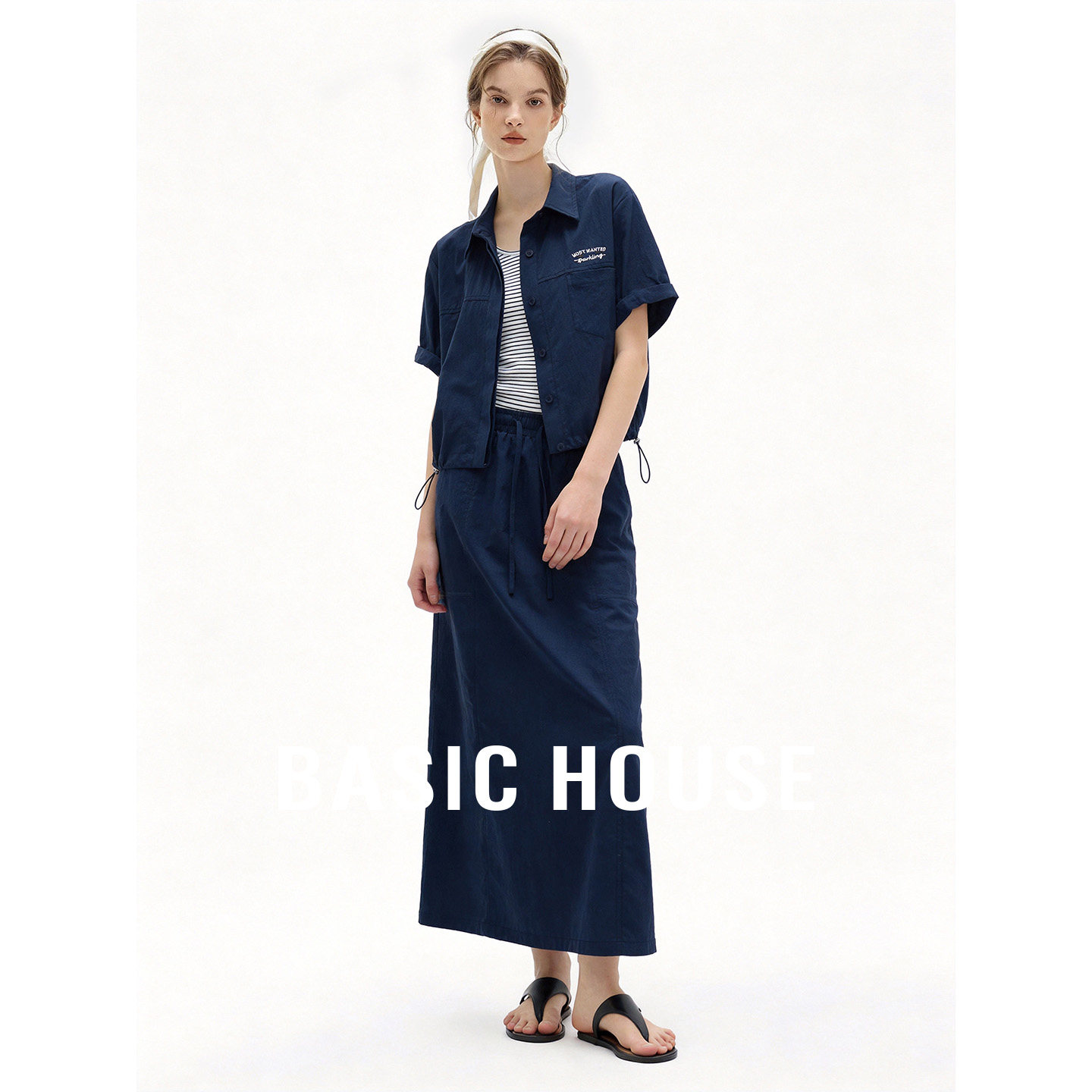 Basic House/百家好藏青色休闲舒适套装女夏季翻领衬衫直筒中长裙