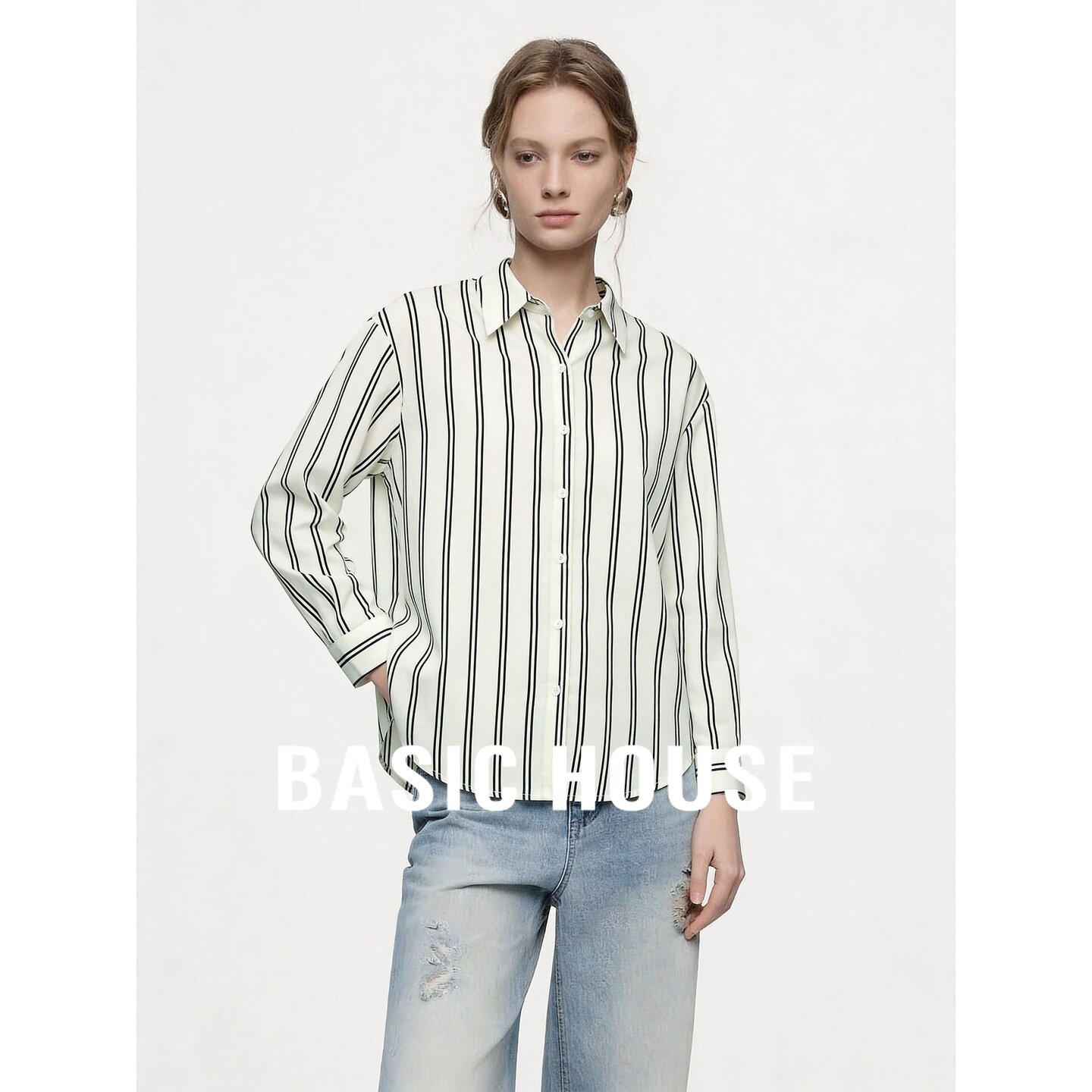 Basic House/百家好慵懒黑白条纹衬衫女长袖宽松显瘦通勤亚麻上衣