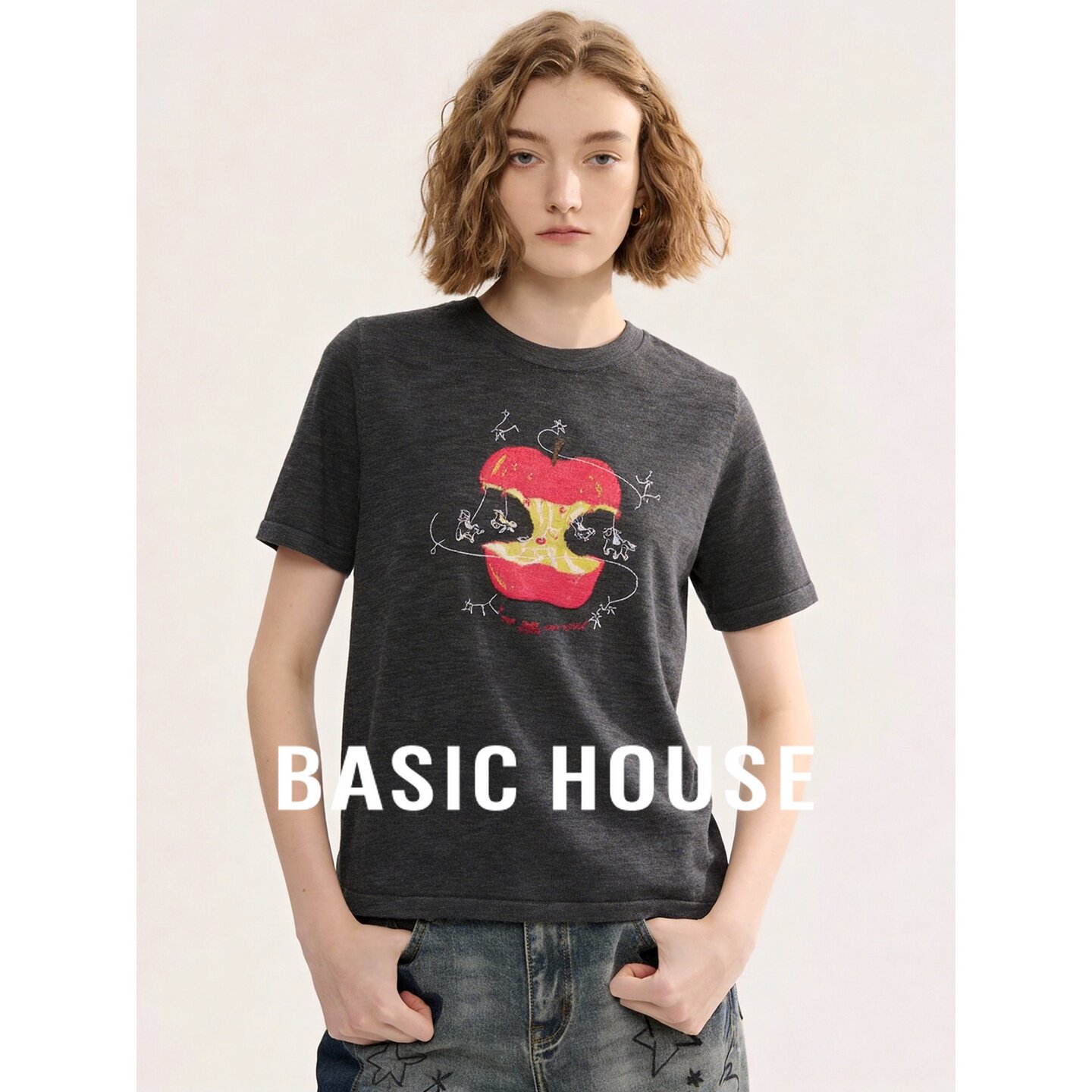 Basic House/百家好深灰色亚麻印花T恤女时尚宽松短袖夏新款上衣