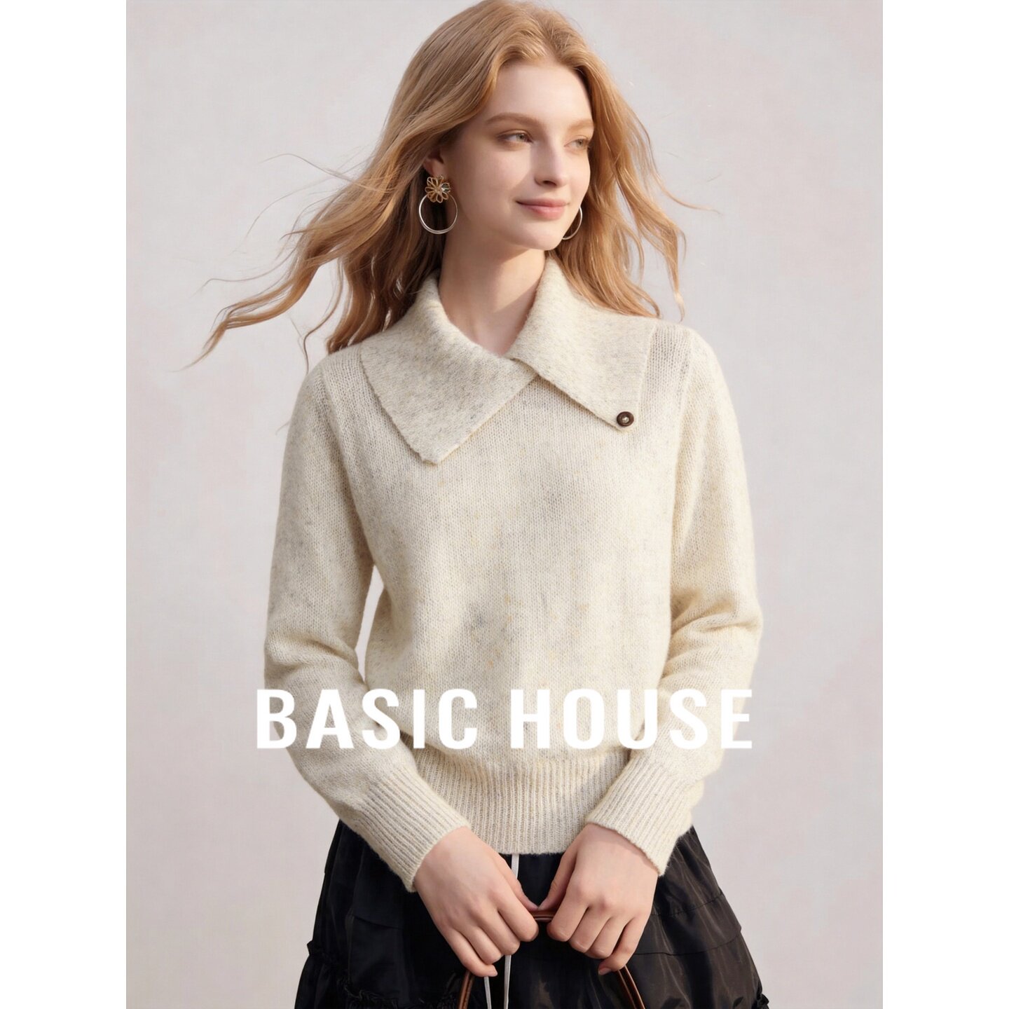 Basic House/百家好杏色海军大翻领套头日常休闲女装长袖针织衫秋