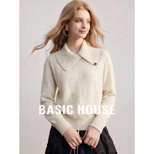 Basic House/百家好杏色海军大翻领套头日常休闲女装长袖针织衫秋