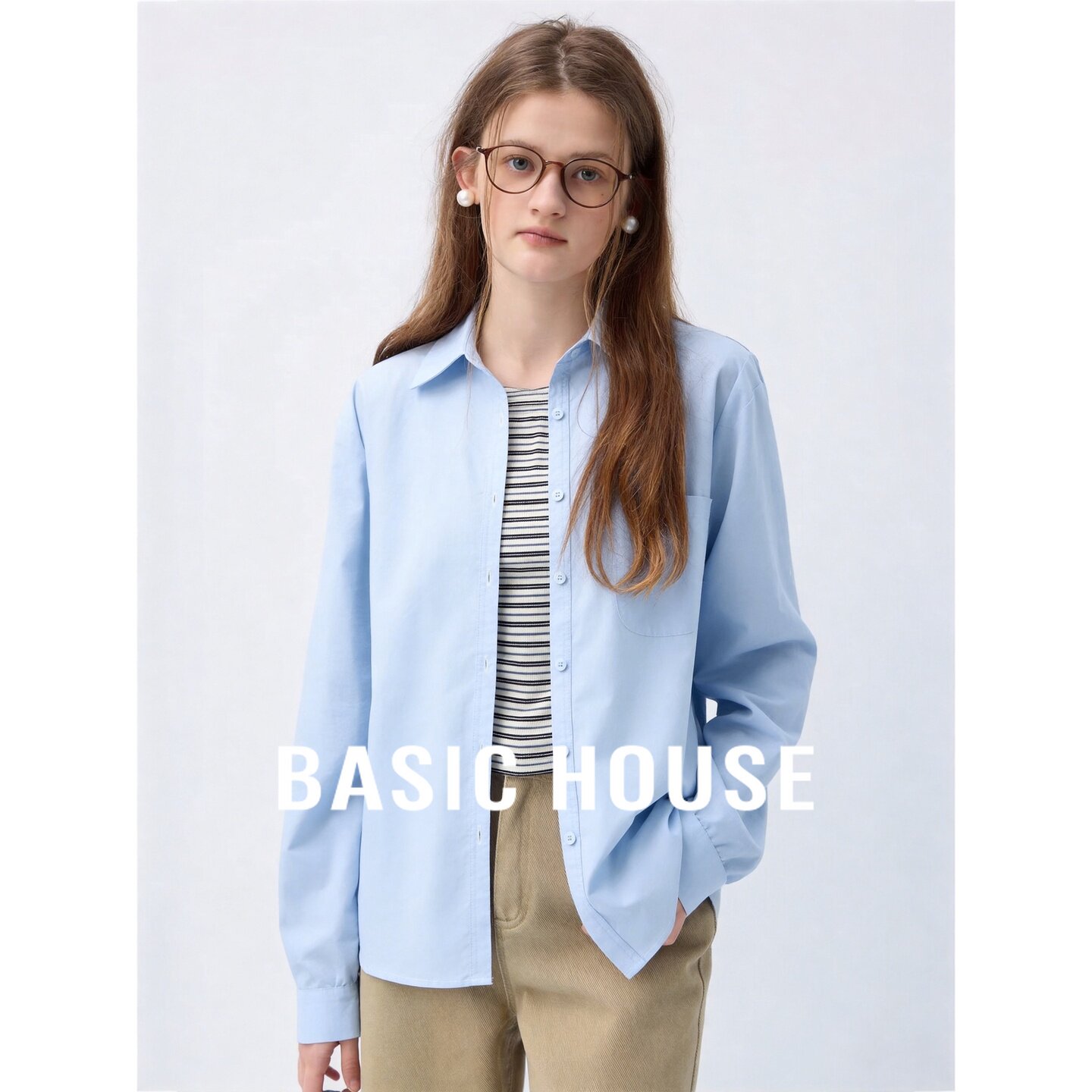 Basic House/百家好纯棉蓝色翻领衬衫条纹短款背心吊带休闲两件套