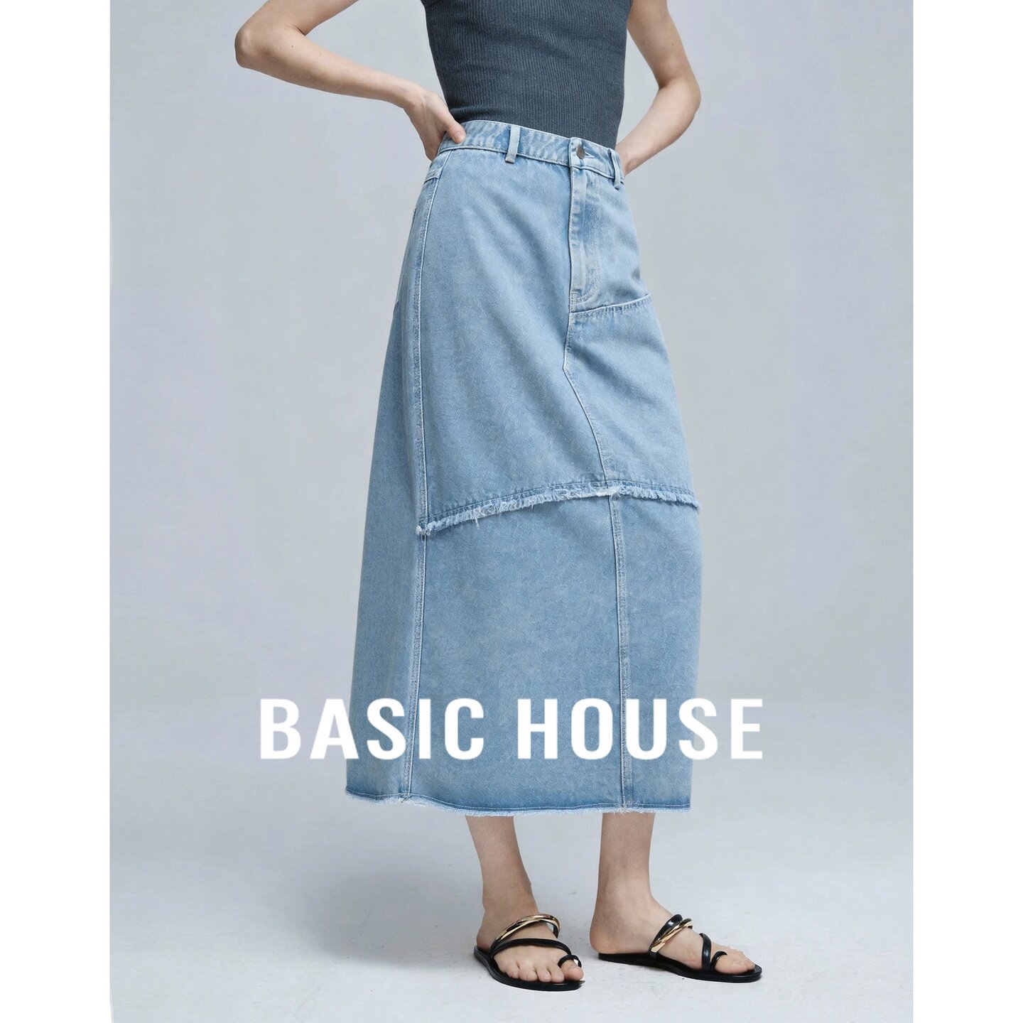 Basic House/百家好2026秋浅蓝高腰通勤中长款日常牛仔A字半身裙