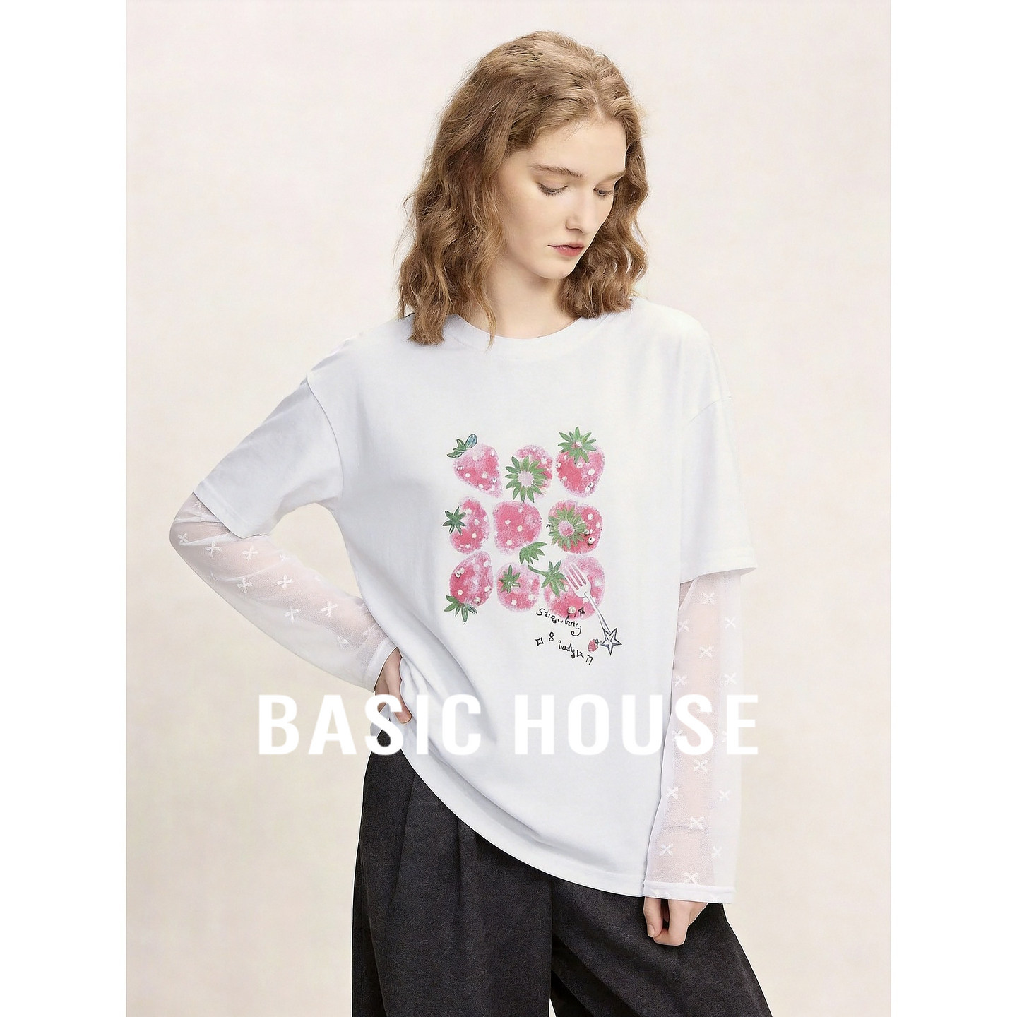 Basic House/百家好26夏季白色假两件拼接长袖T恤女甜美减龄上衣
