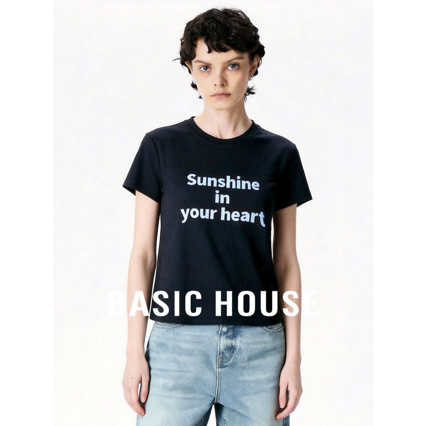 Basic House/百家好黑色圆领短款修身短袖T恤女夏季正肩显瘦上衣