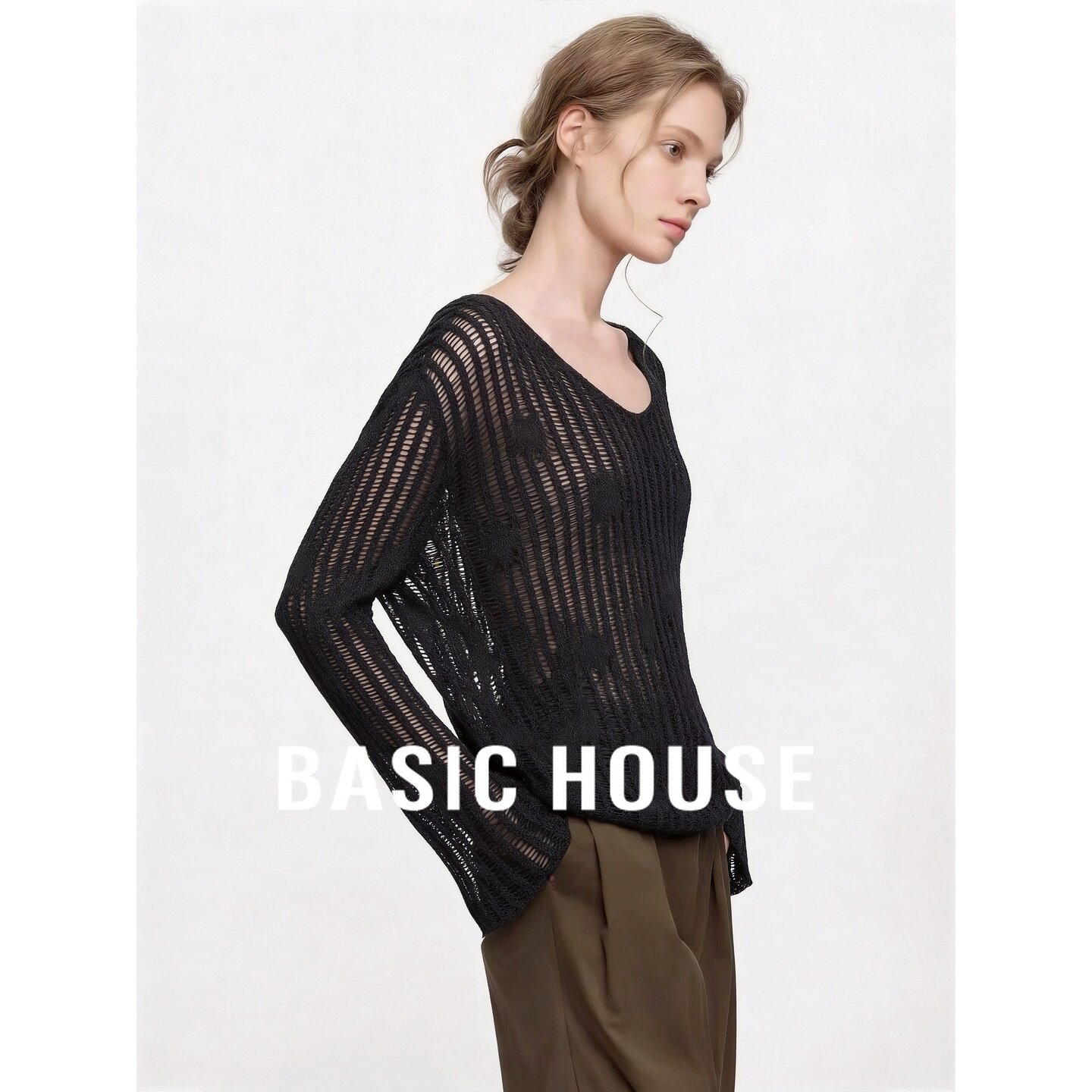 Basic House/百家好法式慵懒风镂空针织衫女薄款透视罩衫气质上衣