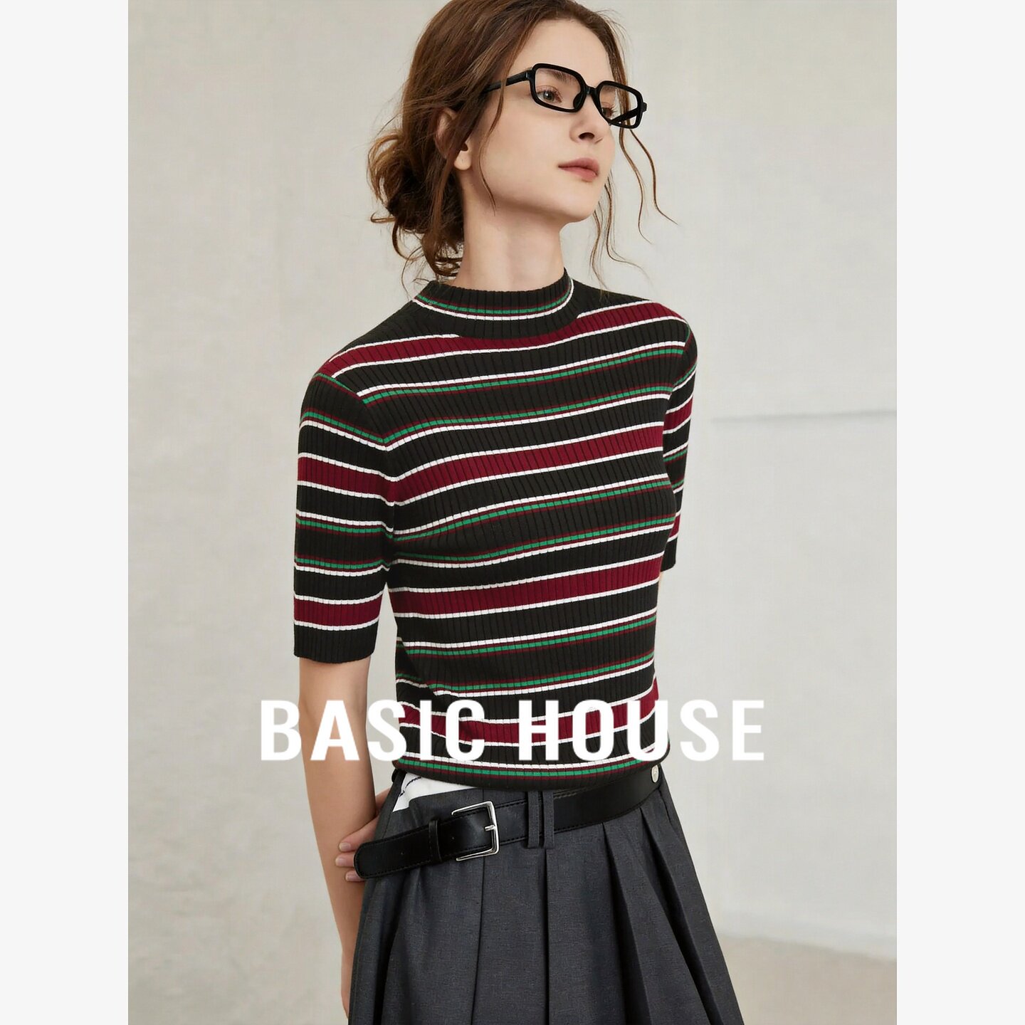 Basic House/百家好半高领条纹五分袖针织衫女装修身百搭毛衣上衣