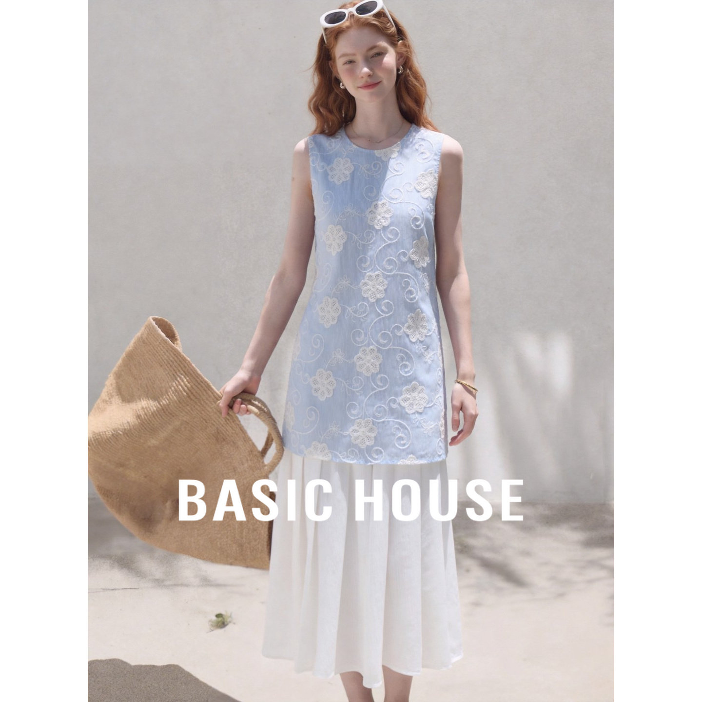 Basic House/百家好韩版无袖背心连衣裙女蓝色气质中长款裙子夏季