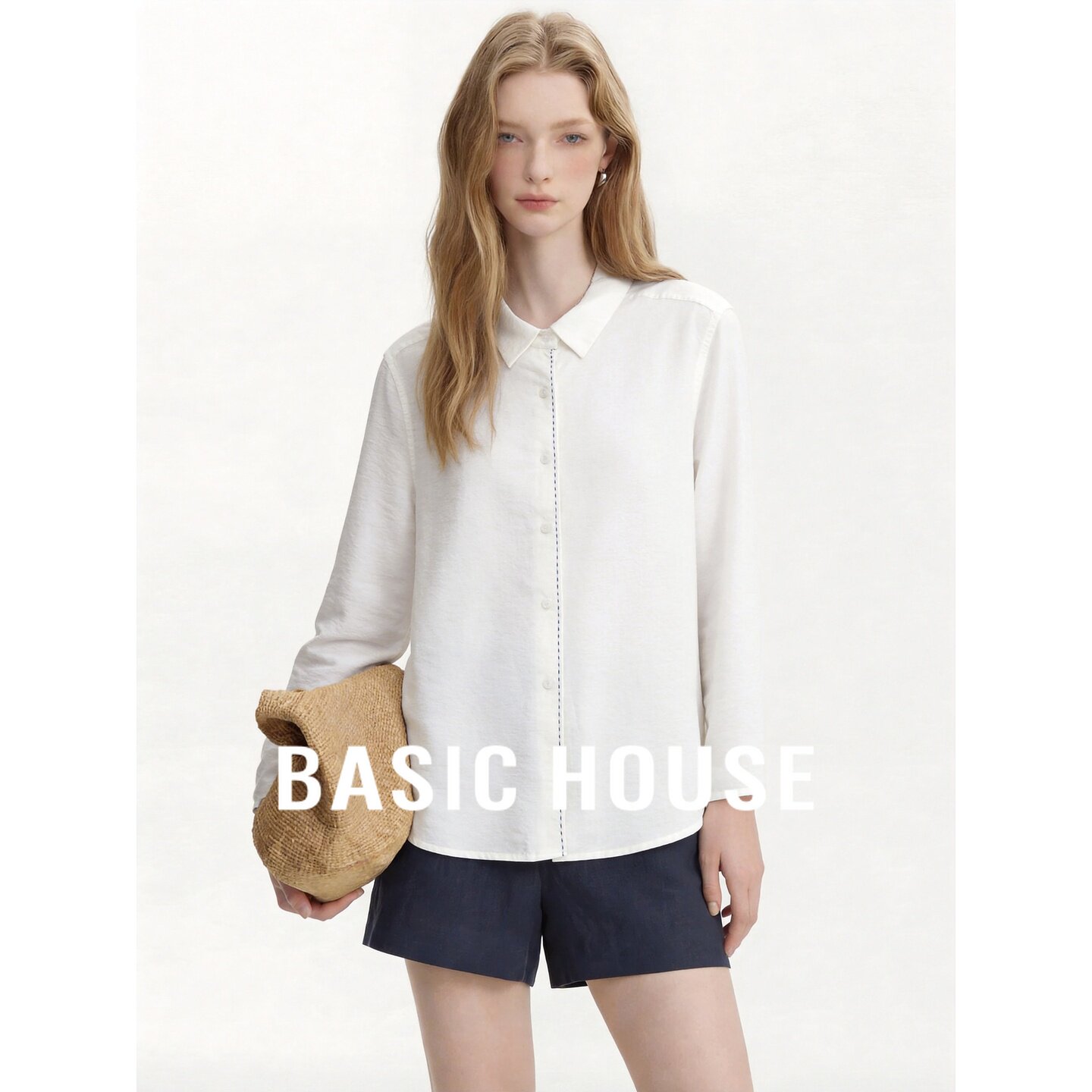 Basic House/百家好白色衬衫亚麻莱赛尔夏秋通勤简约韩版翻领设计