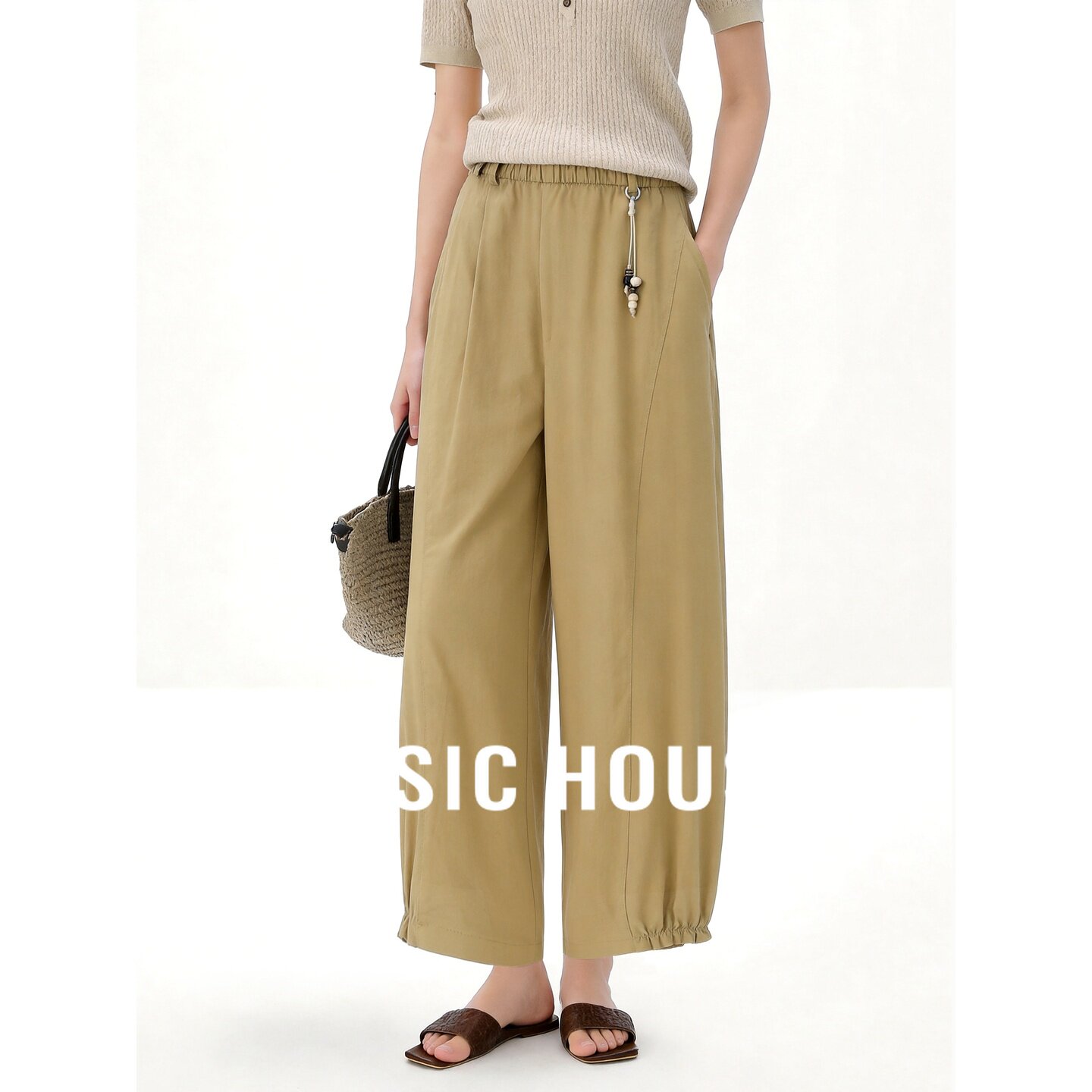 Basic House/百家好小众设计抽绳阔腿裤女黄色新款松弛感休闲长裤