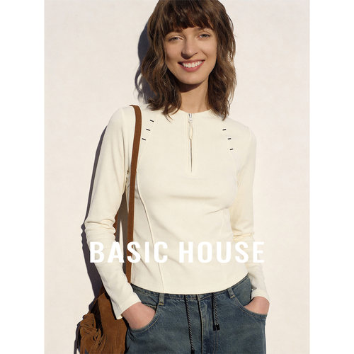 Basic House/百家好米白圆领高级感长袖T恤女夏季可内搭外穿上衣