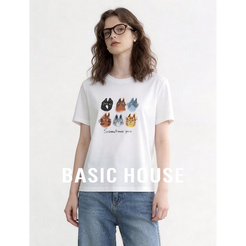 Basic House/百家好猫咪印花圆领短袖T恤女夏季白色休闲正肩上衣