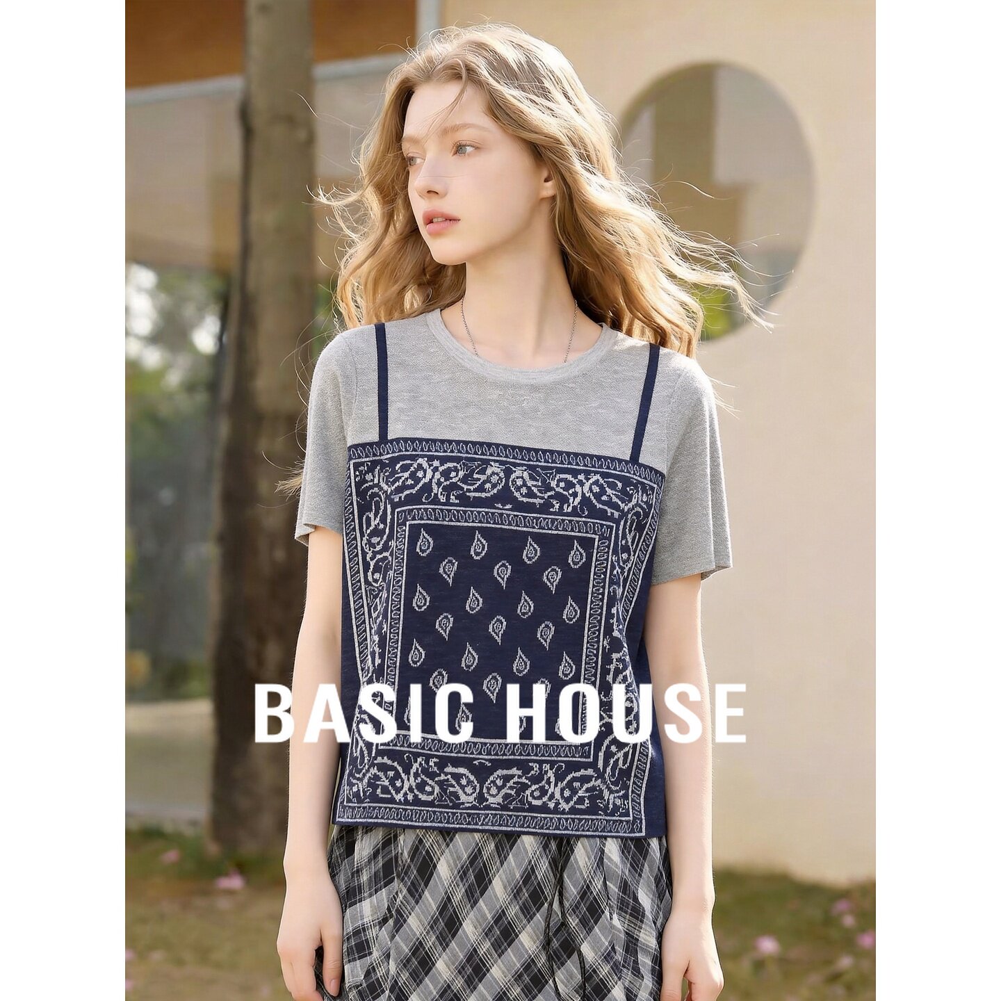 Basic House/百家好复古假两件撞色针织衫女夏短袖圆领腰果花T恤