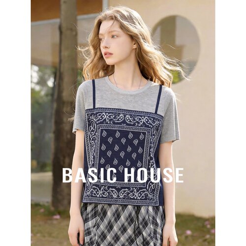 Basic House/百家好复古假两件撞色针织衫女夏短袖圆领腰果花T恤