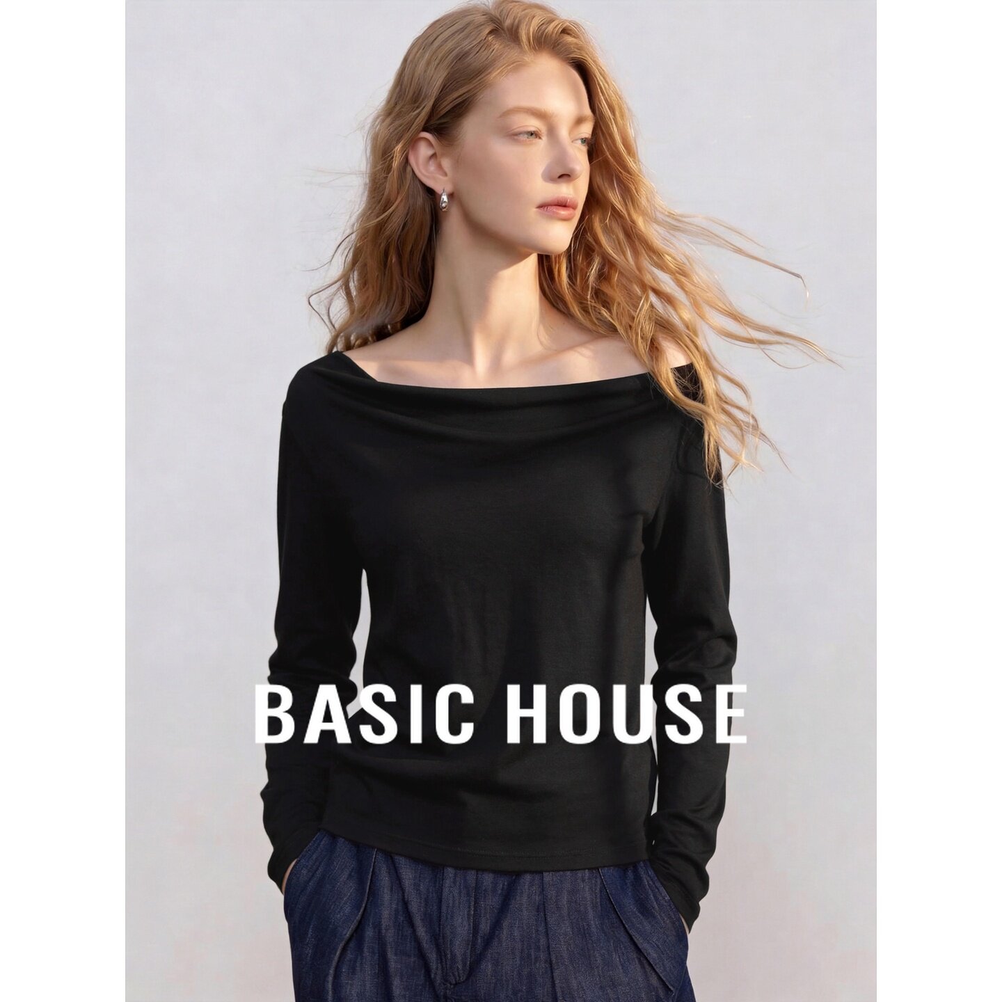 Basic House/百家好轻熟风黑色一字肩莱赛尔长袖T恤女露肩显瘦
