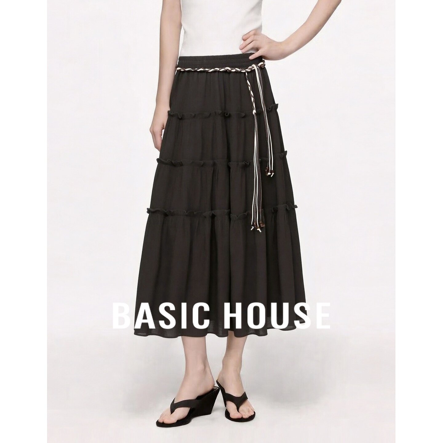 Basic House/百家好黑色高腰系带抽褶A字中长款百搭蛋糕半身裙女