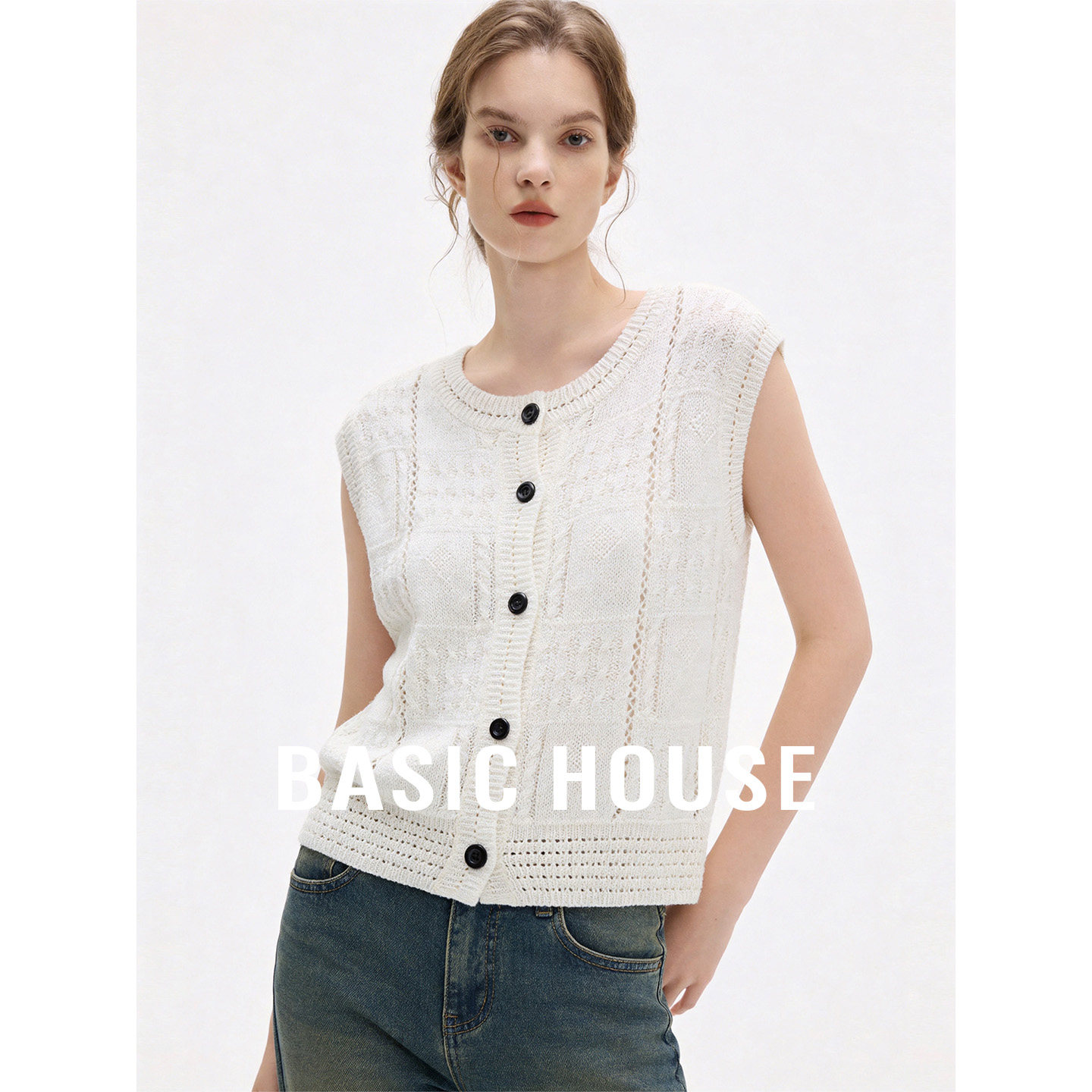 Basic House/百家好白色圆领小众设计感针织马甲女夏百搭好看上衣