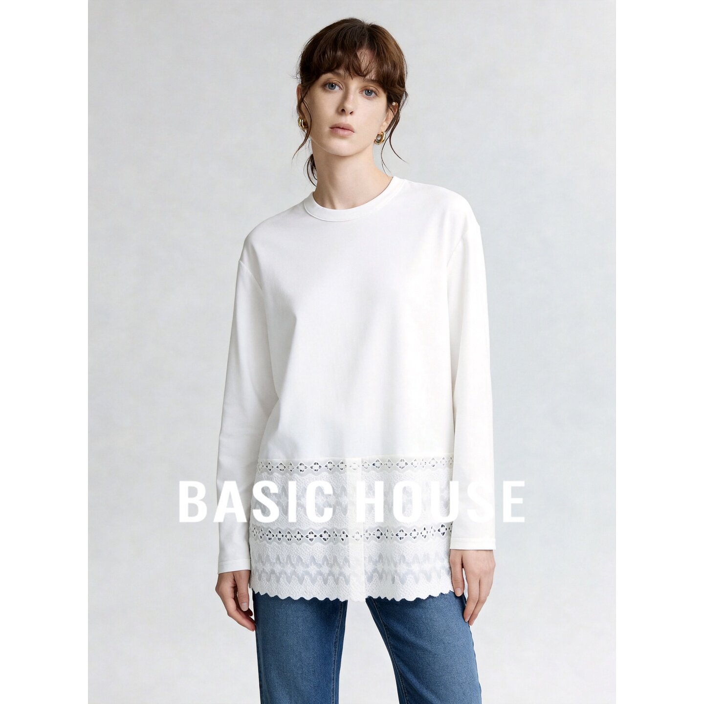 Basic House/百家好知性风蕾丝拼接长袖T恤女白色圆领设计感打底