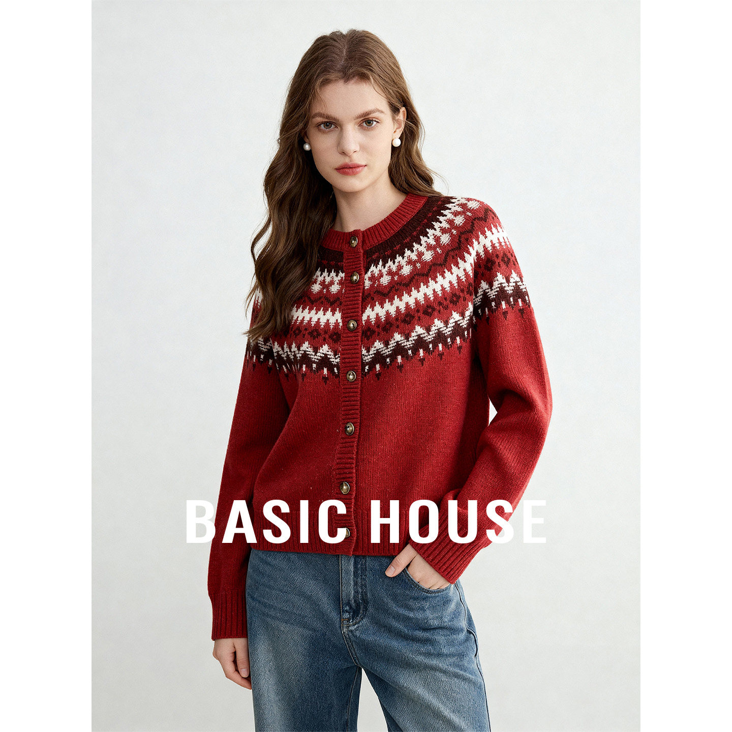 百家好红色圆领费尔岛短款毛衣开衫女26秋冬新款独特提花内搭上衣,女装/女士精品,毛衣,淘宝优惠券,粉丝福利购,淘宝优惠卷