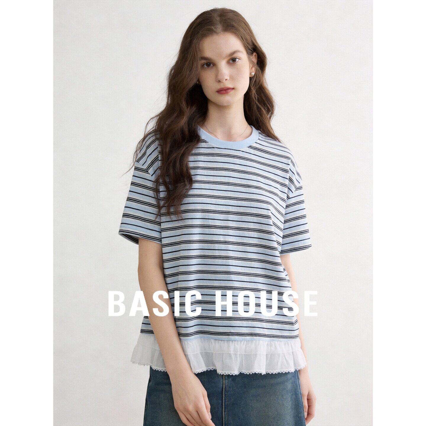 Basic House/百家好莱赛尔蓝色条纹短袖T恤女夏季拼接上衣小个子