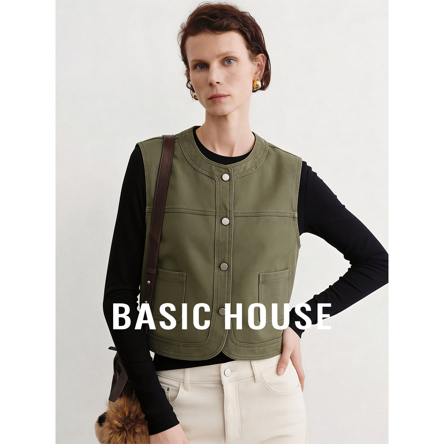 Basic House/百家好军绿色显瘦百搭坎肩女春季新款无袖叠穿马甲