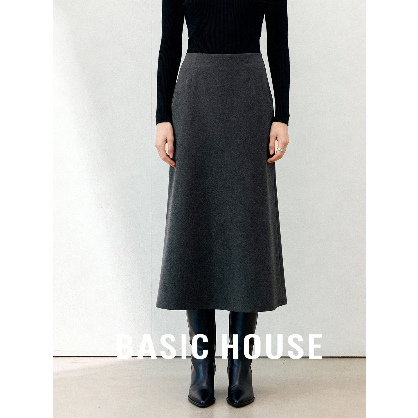 Basic House/百家好秋冬高腰A字百搭直筒裙女保暖高级毛呢半身裙