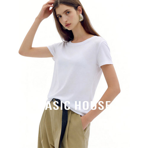 Basic House/百家好白色圆领极简短袖T恤女夏季基础简约百搭上衣