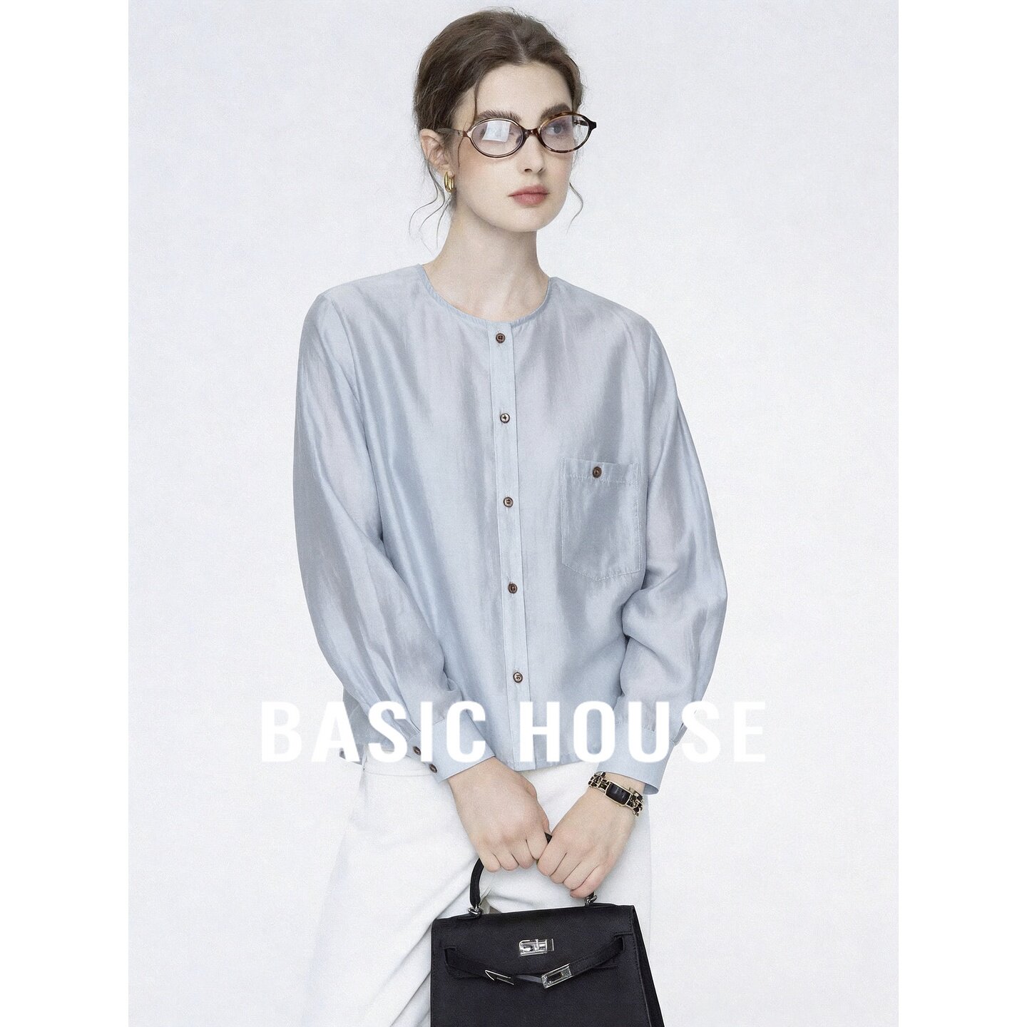 Basic House/百家好2026秋季莱赛尔灰蓝色圆领宽松短款灯笼袖衬衫
