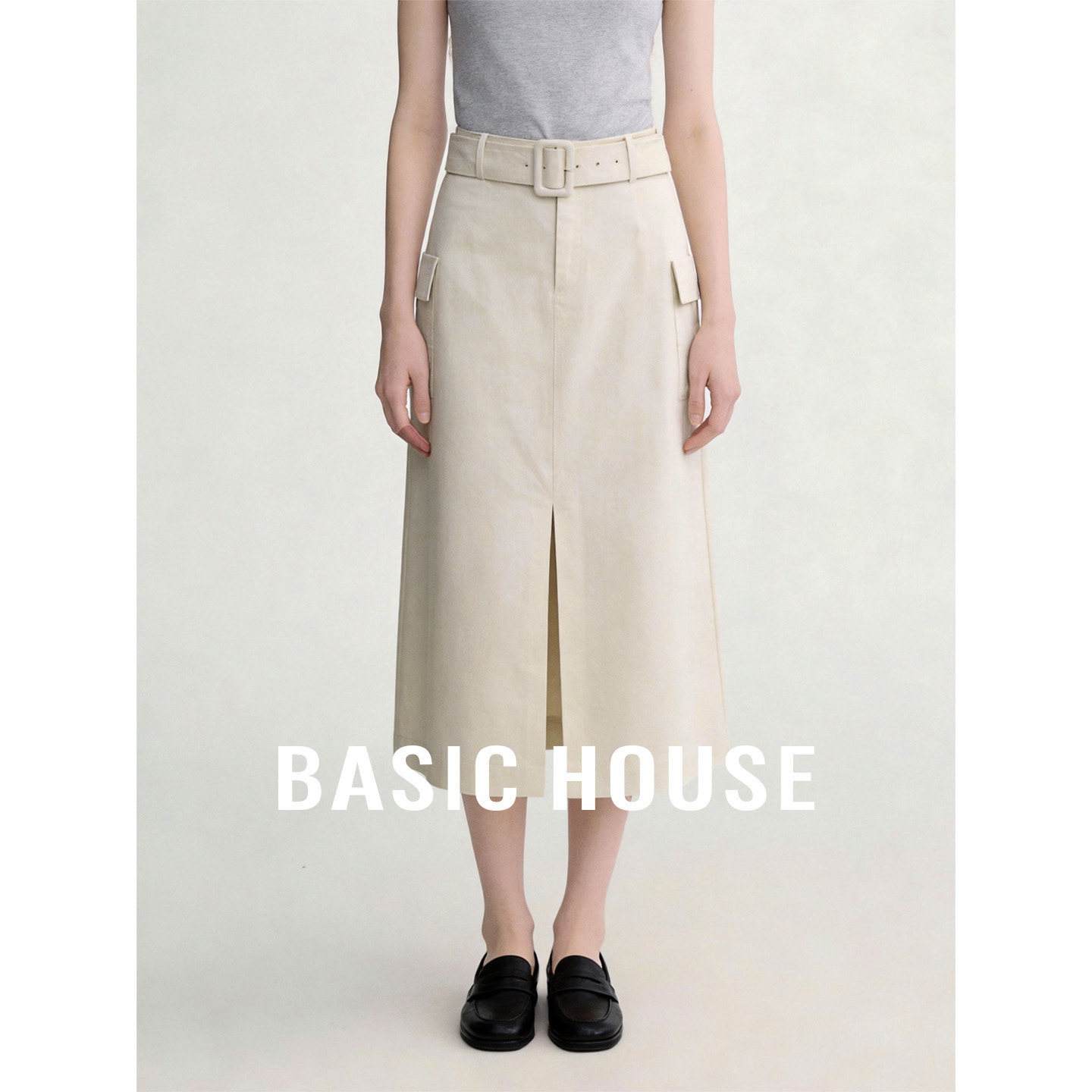 Basic House/百家好米白色自然腰半身裙女春季26前开叉工装A字裙
