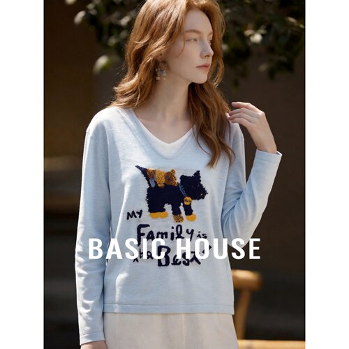 Basic House/百家好蓝色V领针织衫女假两件小狗印花宽松长袖上衣