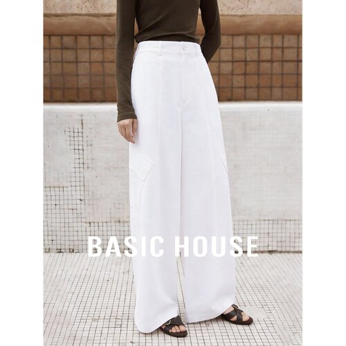Basic House/百家好莱赛尔高腰阔腿裤女秋白色显瘦通勤极简休闲裤