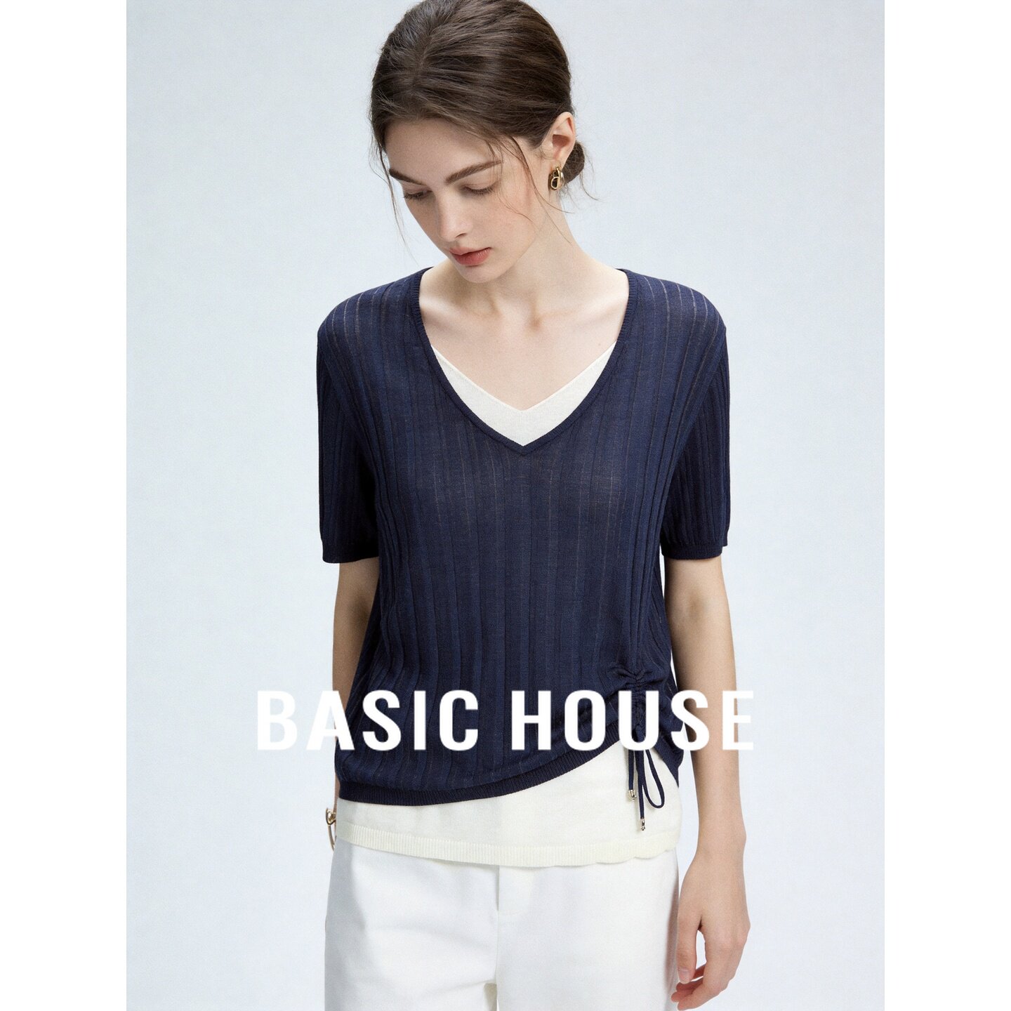Basic House/百家好假两件短袖针织衫女侧边抽绳薄款深宝蓝上衣
