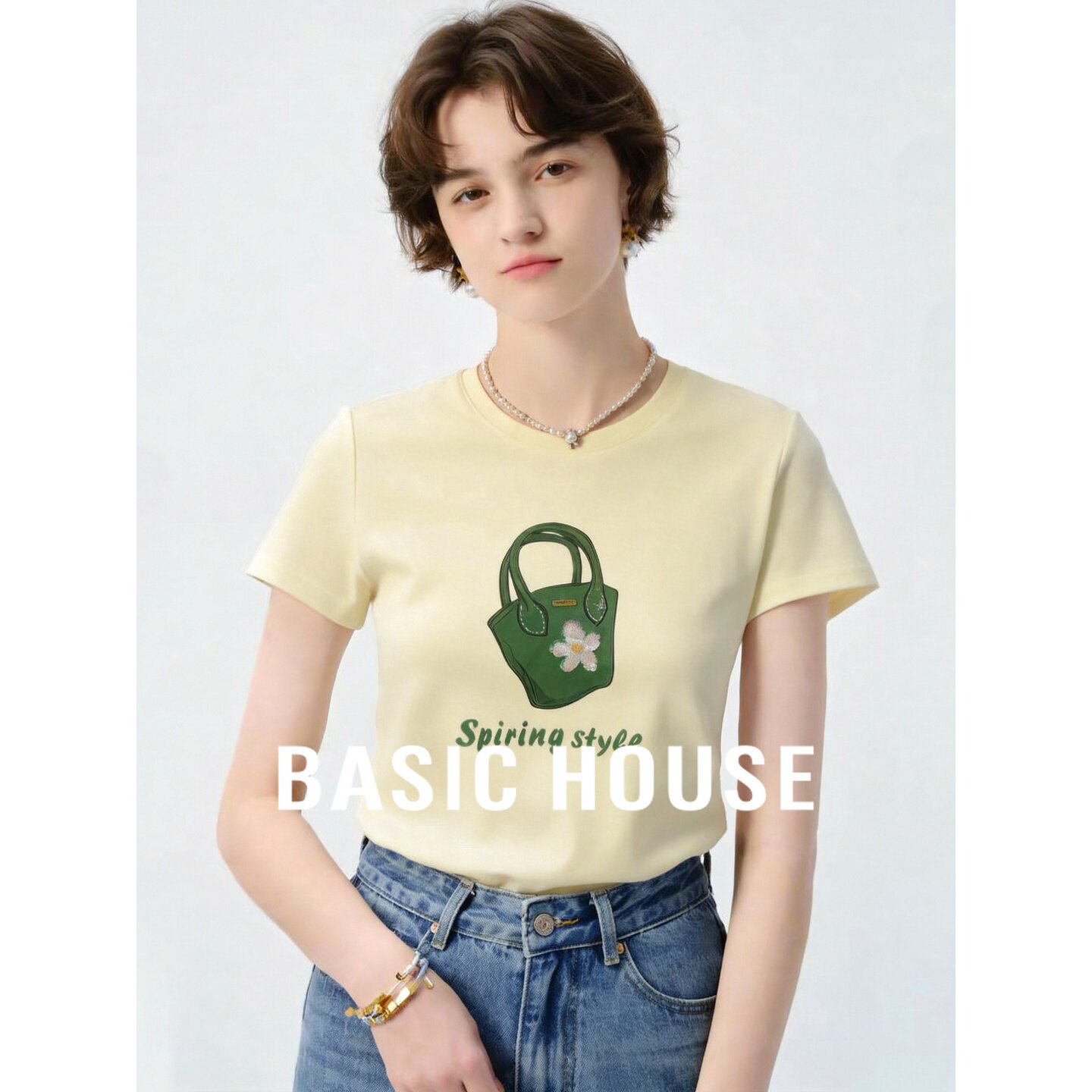 Basic House/百家好黄色印花短袖T恤女夏季宽松显瘦时尚百搭上衣